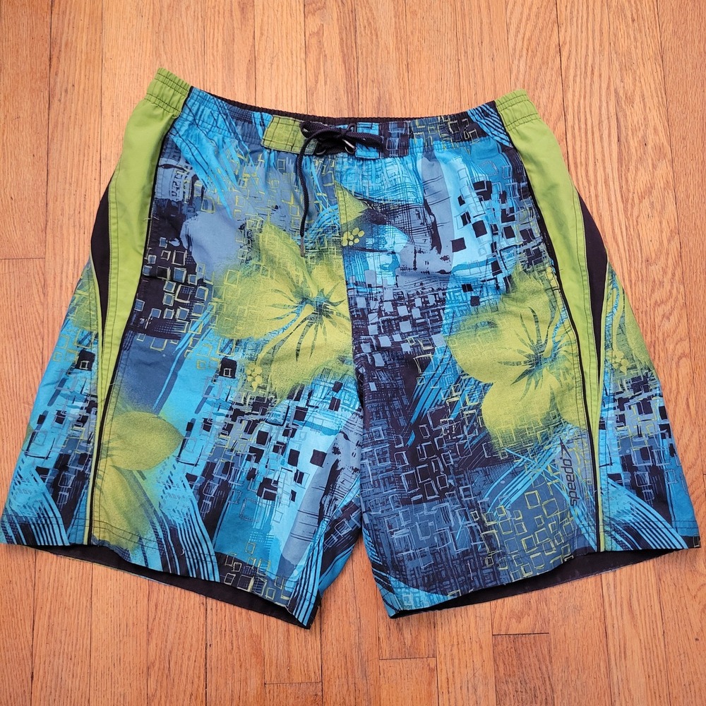 Speedo L Swim Trunks Blue Green Floral Geometric Board Shorts Summer Beach‎ Pool